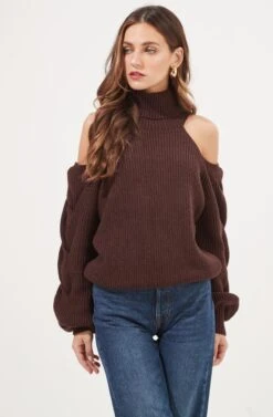 Rhoswen Cold Shoulder Cutout Turtleneck Sweater -Astr The Label Shop ACT16873 CHOCOLATE 2