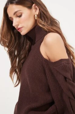 Rhoswen Cold Shoulder Cutout Turtleneck Sweater -Astr The Label Shop ACT16873 CHOCOLATE 4