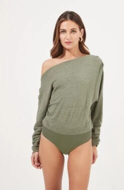 Lorella Ribbed Knit Off Shoulder Bodysuit -Astr The Label Shop ACT16877B SAGE 7