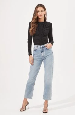 Hollis Ruched Long Sleeve Padded Shoulder Bodysuit -Astr The Label Shop ACT16885 BLACK 1