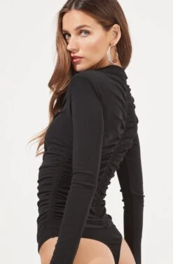 Hollis Ruched Long Sleeve Padded Shoulder Bodysuit -Astr The Label Shop ACT16885 BLACK 7