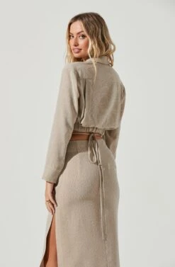 Perry Collared Long Sleeve Tie Waist Crop Top -Astr The Label Shop ACT17025 TAUPE 4