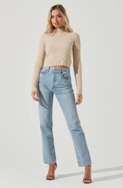 Lanare Checkered Mock Neck Long Sleeve Crop Top -Astr The Label Shop ACT17027 BONE 2