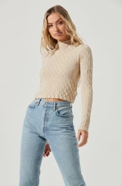 Lanare Checkered Mock Neck Long Sleeve Crop Top -Astr The Label Shop ACT17027 BONE 3