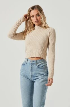 Lanare Checkered Mock Neck Long Sleeve Crop Top -Astr The Label Shop ACT17027 BONE 4