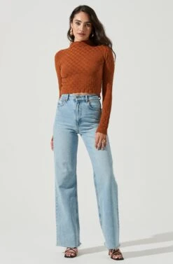 Lanare Checkered Mock Neck Long Sleeve Crop Top -Astr The Label Shop ACT17027 RUST 1