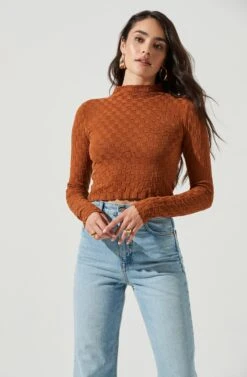 Lanare Checkered Mock Neck Long Sleeve Crop Top -Astr The Label Shop ACT17027 RUST 2