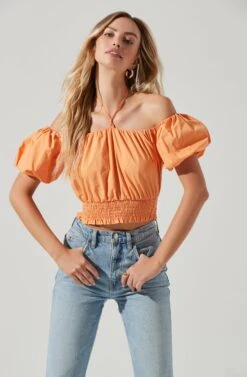 Aldrin Halter Neck Off Shoulder Puff Sleeve Top -Astr The Label Shop ACT17126 MELON 1688