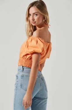 Aldrin Halter Neck Off Shoulder Puff Sleeve Top -Astr The Label Shop ACT17126 MELON 1695