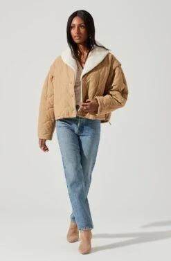 Nadine Quilted Faux Shearling Jacket -Astr The Label Shop ACT17275 KHAKI 0174