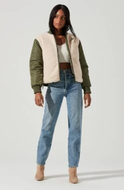 Tegan Faux Shearling Contrast Puffer Jacket -Astr The Label Shop ACT17307 OLIVE IVORY 0926