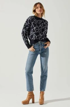 Saira Abstract Floral Sweater -Astr The Label Shop ACT17330L NAVYCREAM 1