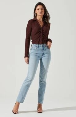 Lamora Waffle Knit Ruched Button Down Top 24 Lamora Waffle Knit Ruched Button Down Top -Astr The Label Shop ACT17338 BROWN 0226 3