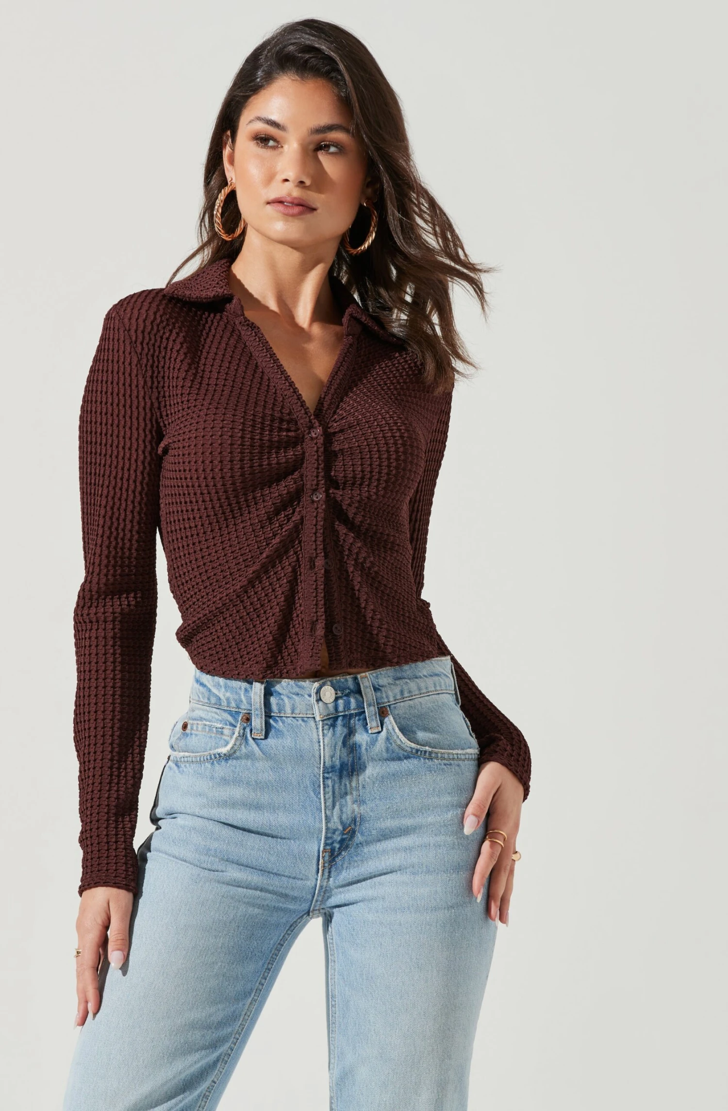 Lamora Waffle Knit Ruched Button Down Top 11 Lamora Waffle Knit Ruched Button Down Top - Image 9