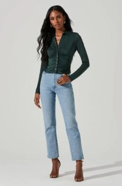 Rowella Ruched Button Down Long Sleeve Top 17 Rowella Ruched Button Down Long Sleeve Top -Astr The Label Shop ACT17376 GREEN 1