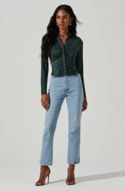 Rowella Ruched Button Down Long Sleeve Top 19 Rowella Ruched Button Down Long Sleeve Top -Astr The Label Shop ACT17376 GREEN 2