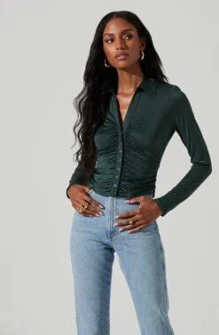 Rowella Ruched Button Down Long Sleeve Top 18 Rowella Ruched Button Down Long Sleeve Top -Astr The Label Shop ACT17376 GREEN 4