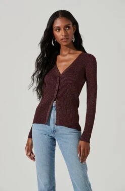Maude Metallic Button Down Sweater 19 Maude Metallic Button Down Sweater -Astr The Label Shop ACT17454 WINEMETALLIC 3