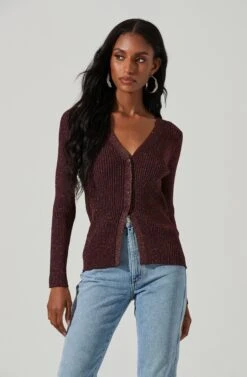 Maude Metallic Button Down Sweater 17 Maude Metallic Button Down Sweater -Astr The Label Shop ACT17454 WINEMETALLIC 4