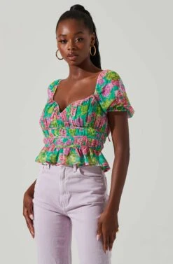 Leigh Floral Pleated Puff Sleeve Top -Astr The Label Shop ACT17509 GREENPINKMULTI 2