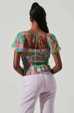 Leigh Floral Pleated Puff Sleeve Top -Astr The Label Shop ACT17509 GREENPINKMULTI 4