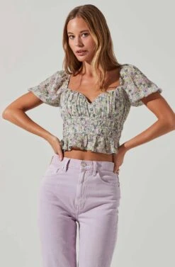 Leigh Floral Pleated Puff Sleeve Top -Astr The Label Shop ACT17509 GREENPURPLEFLORAL 2