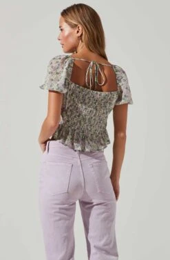 Leigh Floral Pleated Puff Sleeve Top -Astr The Label Shop ACT17509 GREENPURPLEFLORAL 3