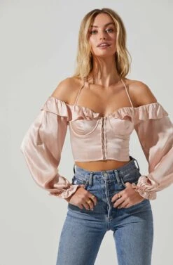 Allison Off Shoulder Halter Long Sleeve Top -Astr The Label Shop ACT17563 BLUSH 2
