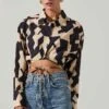 Claude Cropped Geo Print Button Down Tie Waist Top -Astr The Label Shop ACT17572 BLACKGEO 2