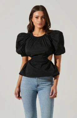 Juno Side Cutout Puff Sleeve Peplum Top -Astr The Label Shop ACT17698 BLACK 1 3