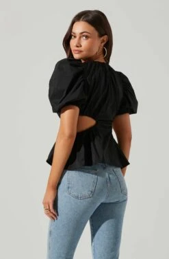 Juno Side Cutout Puff Sleeve Peplum Top -Astr The Label Shop ACT17698 BLACK 1 4
