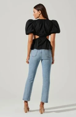 Juno Side Cutout Puff Sleeve Peplum Top -Astr The Label Shop ACT17698 BLACK 1 5