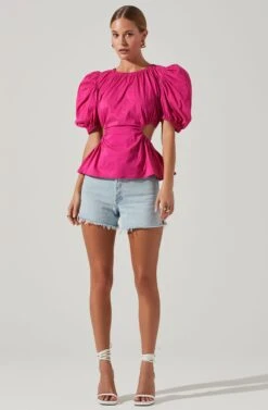 Juno Side Cutout Puff Sleeve Peplum Top -Astr The Label Shop ACT17698 FUCHSIA 1