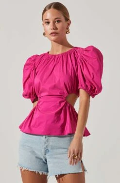Juno Side Cutout Puff Sleeve Peplum Top -Astr The Label Shop ACT17698 FUCHSIA 2