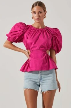 Juno Side Cutout Puff Sleeve Peplum Top -Astr The Label Shop ACT17698 FUCHSIA 3