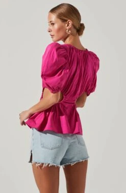 Juno Side Cutout Puff Sleeve Peplum Top -Astr The Label Shop ACT17698 FUCHSIA 4