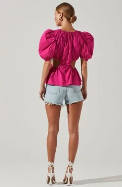 Juno Side Cutout Puff Sleeve Peplum Top -Astr The Label Shop ACT17698 FUCHSIA 5