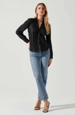 Laurel Satin Pleated Long Sleeve Top -Astr The Label Shop ACT17840P BLACK 1