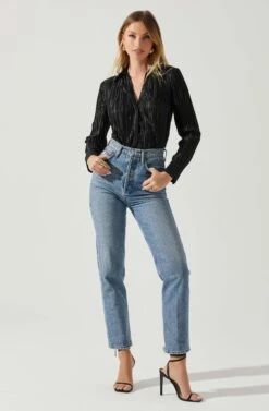 Laurel Satin Pleated Long Sleeve Top -Astr The Label Shop ACT17840P BLACK 2