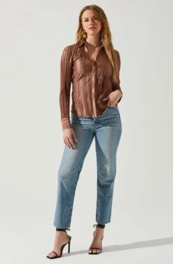 Laurel Satin Pleated Long Sleeve Top -Astr The Label Shop ACT17840P BROWN 1