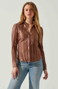 Laurel Satin Pleated Long Sleeve Top -Astr The Label Shop ACT17840P BROWN 3