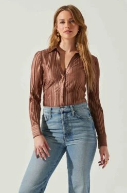 Laurel Satin Pleated Long Sleeve Top -Astr The Label Shop ACT17840P BROWN 4