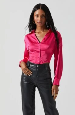 Millie Cropped Button Up Satin Top 28 Millie Cropped Button Up Satin Top -Astr The Label Shop ACT17847 HOTPINK 4