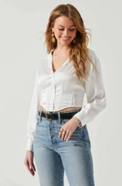 Millie Cropped Button Up Satin Top 34 Millie Cropped Button Up Satin Top -Astr The Label Shop ACT17847 WHITE 4 3