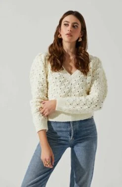 Bianca V Neck Pointelle Sweater -Astr The Label Shop ACT17869 CREAM 4