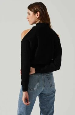 Tori Pearl Embellished Cold Shoulder Sweater -Astr The Label Shop ACT17885 BLACK 5