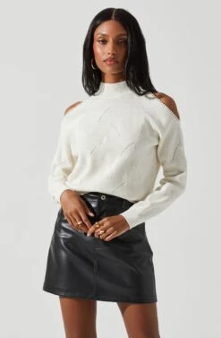 Tori Pearl Embellished Cold Shoulder Sweater -Astr The Label Shop ACT17885 CREAM 3