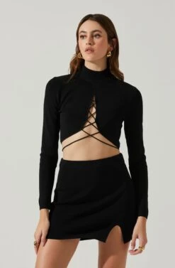 Raven Mock Neck Tie Waist Sweater -Astr The Label Shop ACT17903 BLACK 3