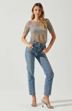 Mckay Rhinestone Mesh Short Sleeve Top -Astr The Label Shop ACT18042 GREY 1