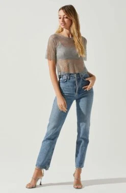 Mckay Rhinestone Mesh Short Sleeve Top -Astr The Label Shop ACT18042 GREY 2